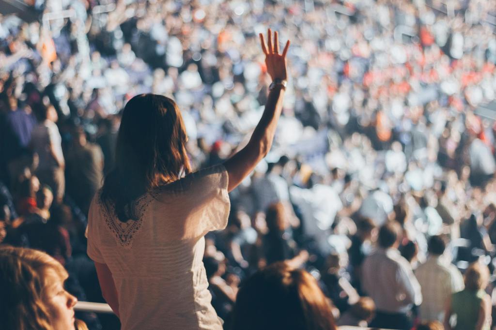 A photograph of a crowd of people in an audience with one person standing and waving her arm
