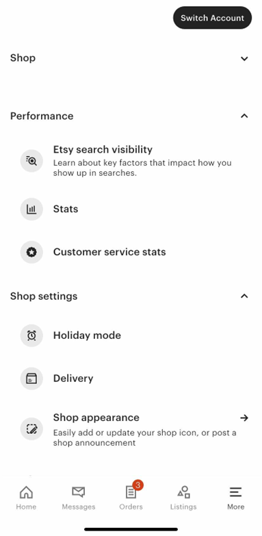 A screen shot from the Etsy seller app.